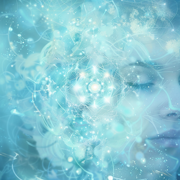 Abstract blue digital artwork with serene female face