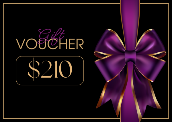 Elegant $210 gift voucher with purple ribbon design