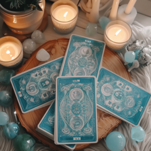 Tarot cards on wooden table surrounded by candles