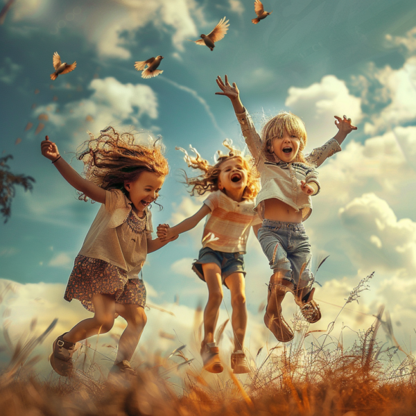 Children joyfully jumping in a sunny meadow.