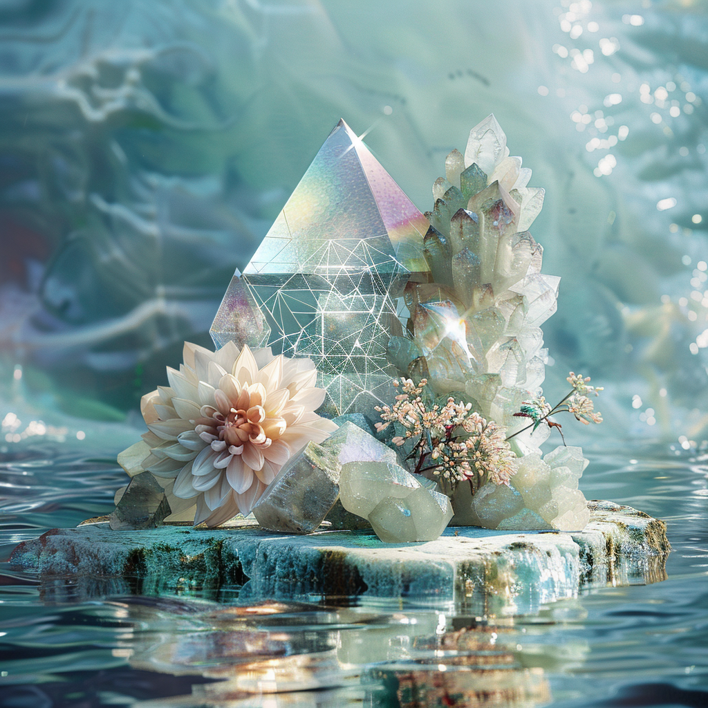 Iridescent crystal pyramid and flowers on water