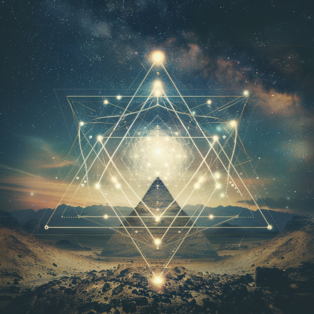 Mystical geometric shapes over desert night landscape