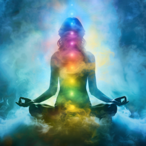 Colorful chakras aligned in meditating woman silhouette