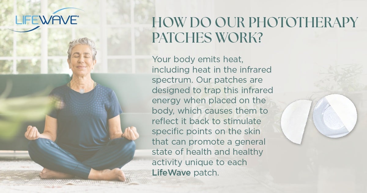 Senior woman meditating, Lifewave phototherapy patches, promotional text